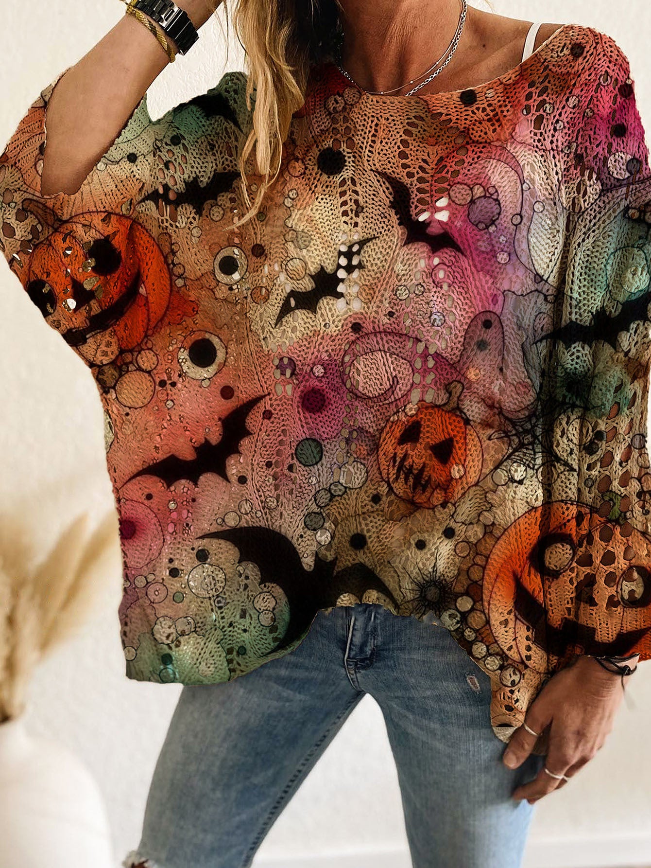 Spring Summer Autumn Winter One-Shoulder Diamond Cut-Out Bat Pumpkin Print Long Sleeve Women's Casual T-Shirt