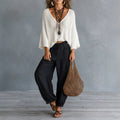 Retro Beach Hollow Knit Sweater Deep V Neck Drop Shoulder Batwing Sleeve Loose Slim Fit Solid Color Pullover Top