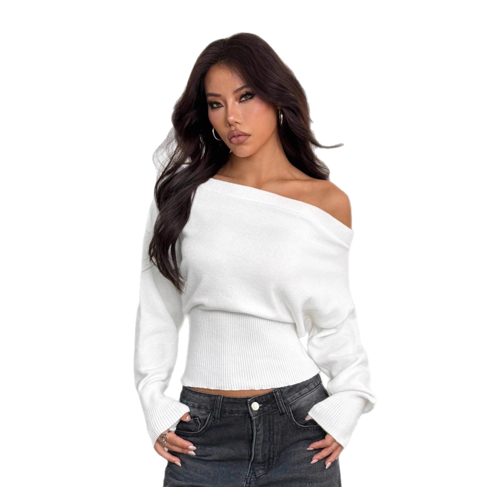 Laid-back Loose Off-Shoulder Design Knit Top for Women, High Waist Slimming Boat Neck Sweater