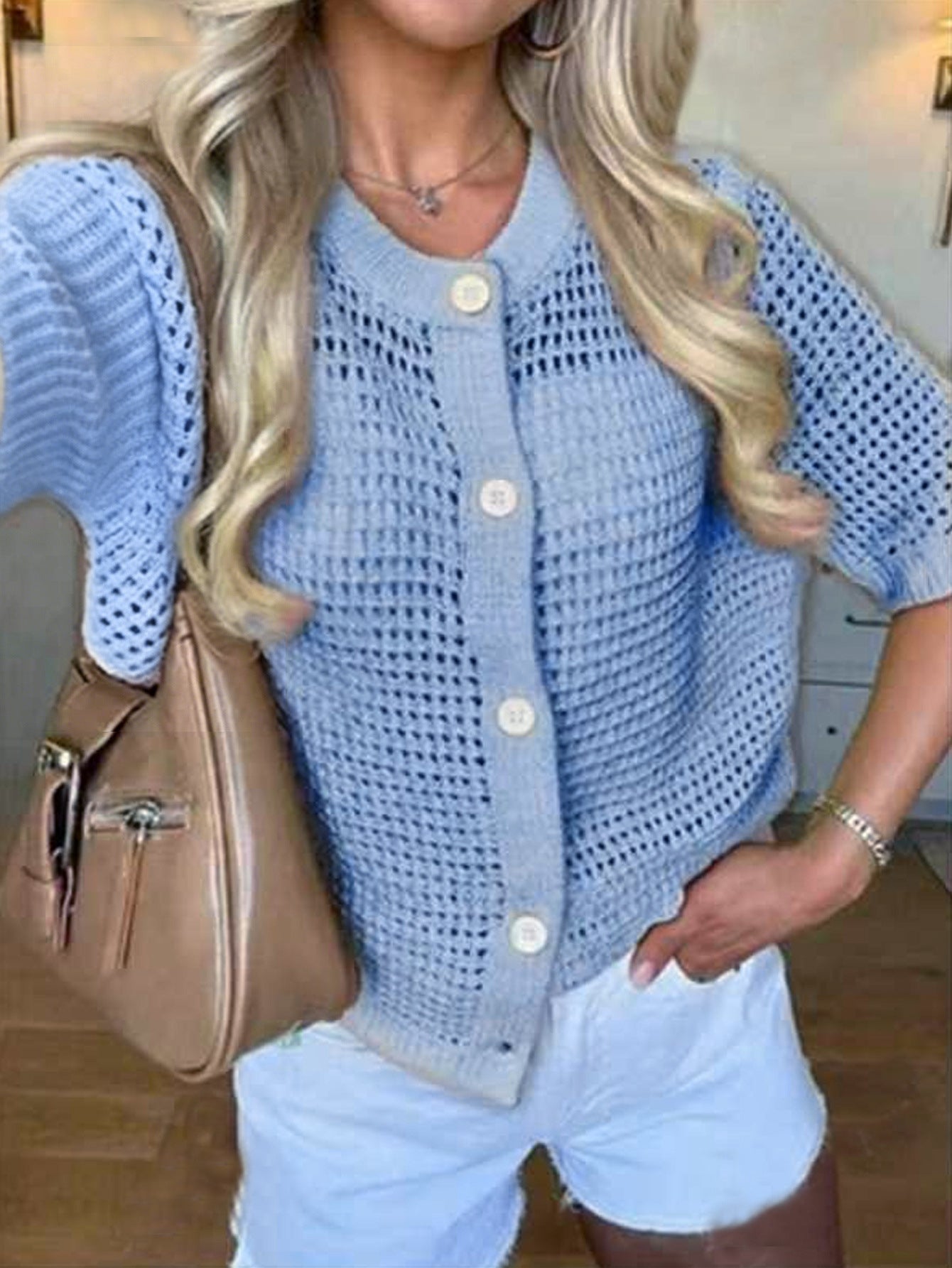Women's Knit Short Sleeve Open Front Cardigan Top with Round Neck and Hollow Design Solid Color Sweater