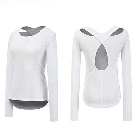 Female Fitness T-shirt Backless Cross Yoga Shirts Breathable Long Sleeve Sports Top Shirt Gym Workout Clothes for Women
