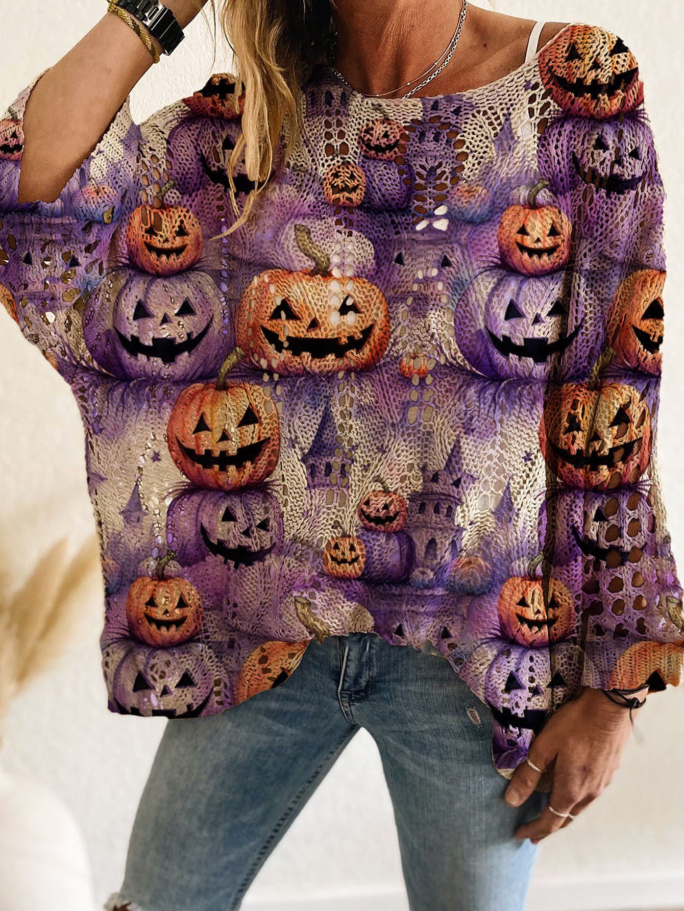 Spring Summer Autumn Winter One-Shoulder Diamond Cut-Out Bat Pumpkin Print Long Sleeve Women's Casual T-Shirt