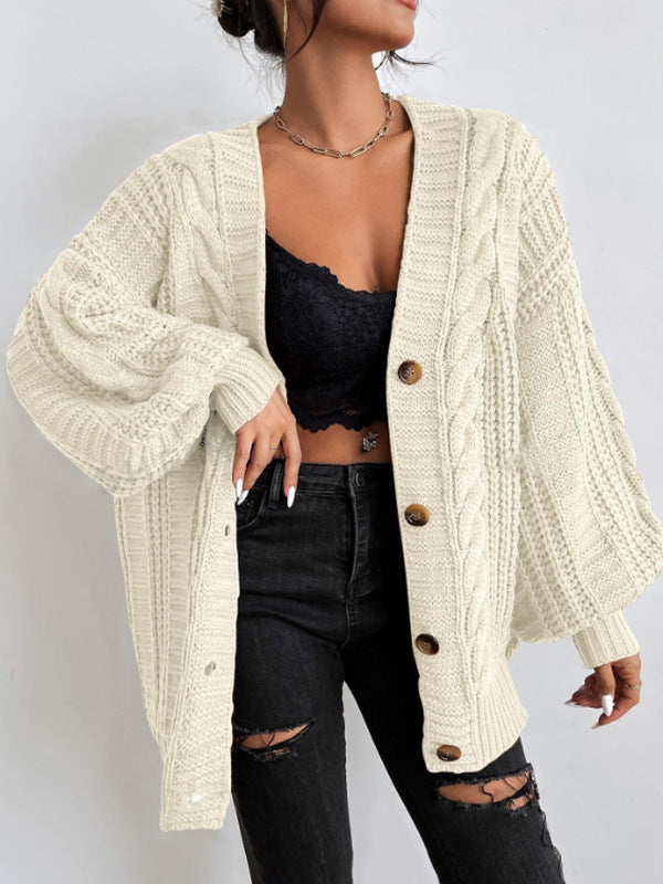 V-neck sweater women retro fashion loose cable knit lantern sleeve cardigan knit jacket