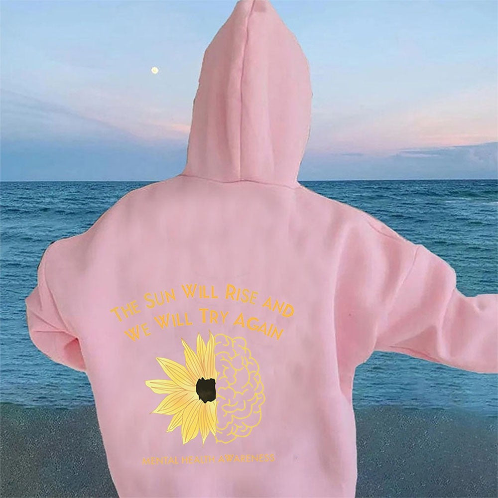 Hoodie with Sunflower Print, Oversized Sleeve, Casual Hooded Sweatshirt