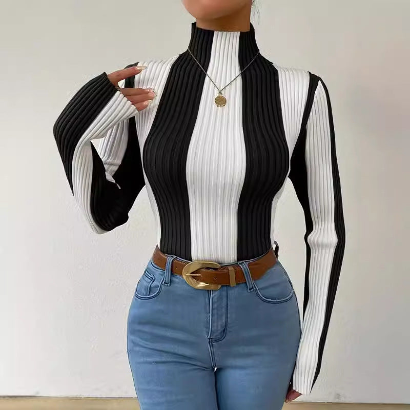 Women's Autumn/Winter Classic Black and White Contrast Vertical Stripe Knit Top, Slim Fit, Body-hugging Inner Layer Shirt
