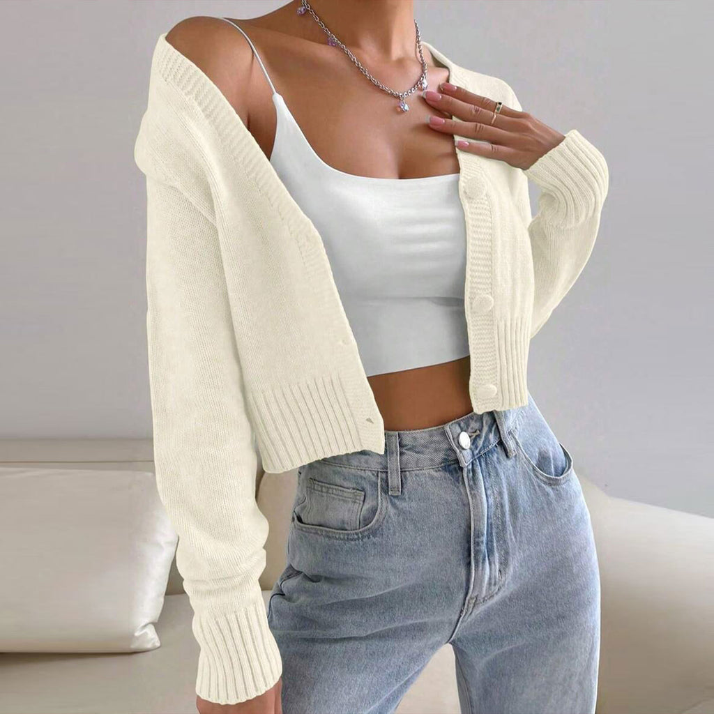 V-neck Knitted Cardigan Women Solid Color Slim Fit Short Length Long Sleeve Sweater Coat Spring Autumn Versatile