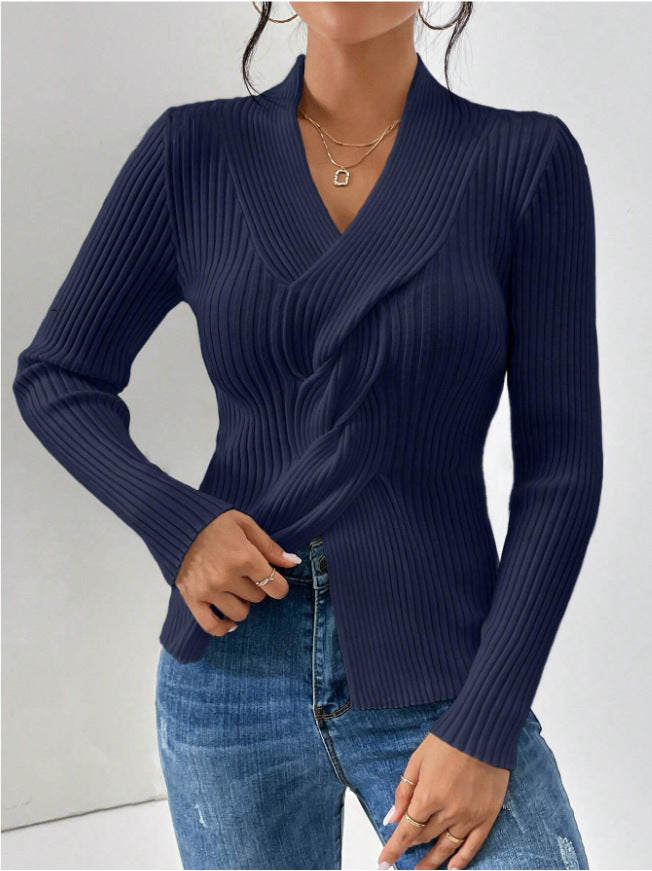Women's knit sweater, fashion elegant, ribbed hem with slit, long sleeve, solid color, slim fit pullover
