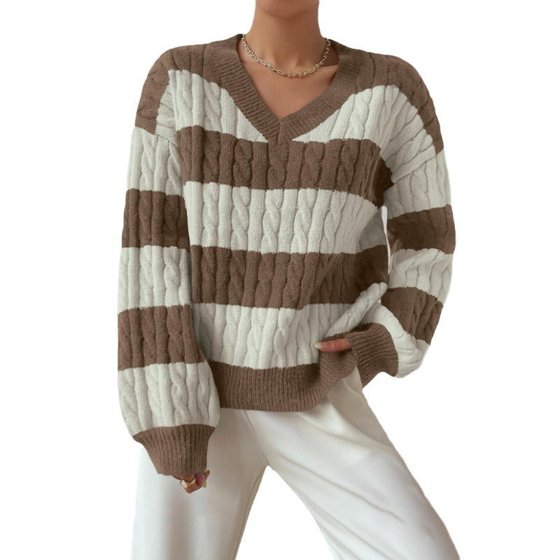 Autumn Winter Knitwear Fashion Vintage Striped Color-block Sweater Loose Casual Versatile Top