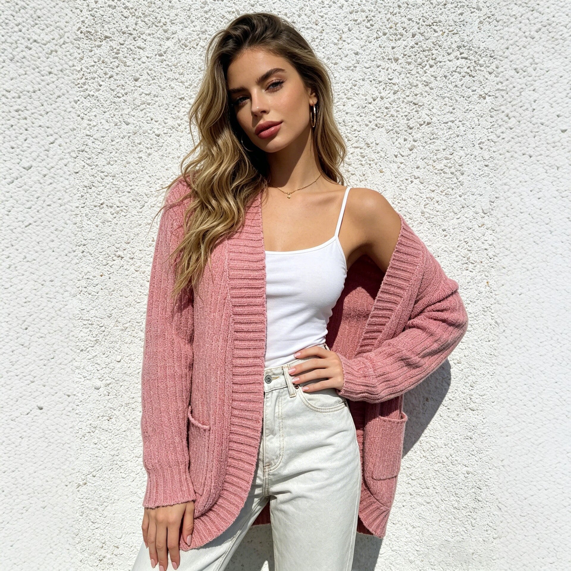 Pink Knit Cardigan for Women, Autumn Winter New Loose Sweater Coat, Long Sleeve V-Neck Outerwear Top