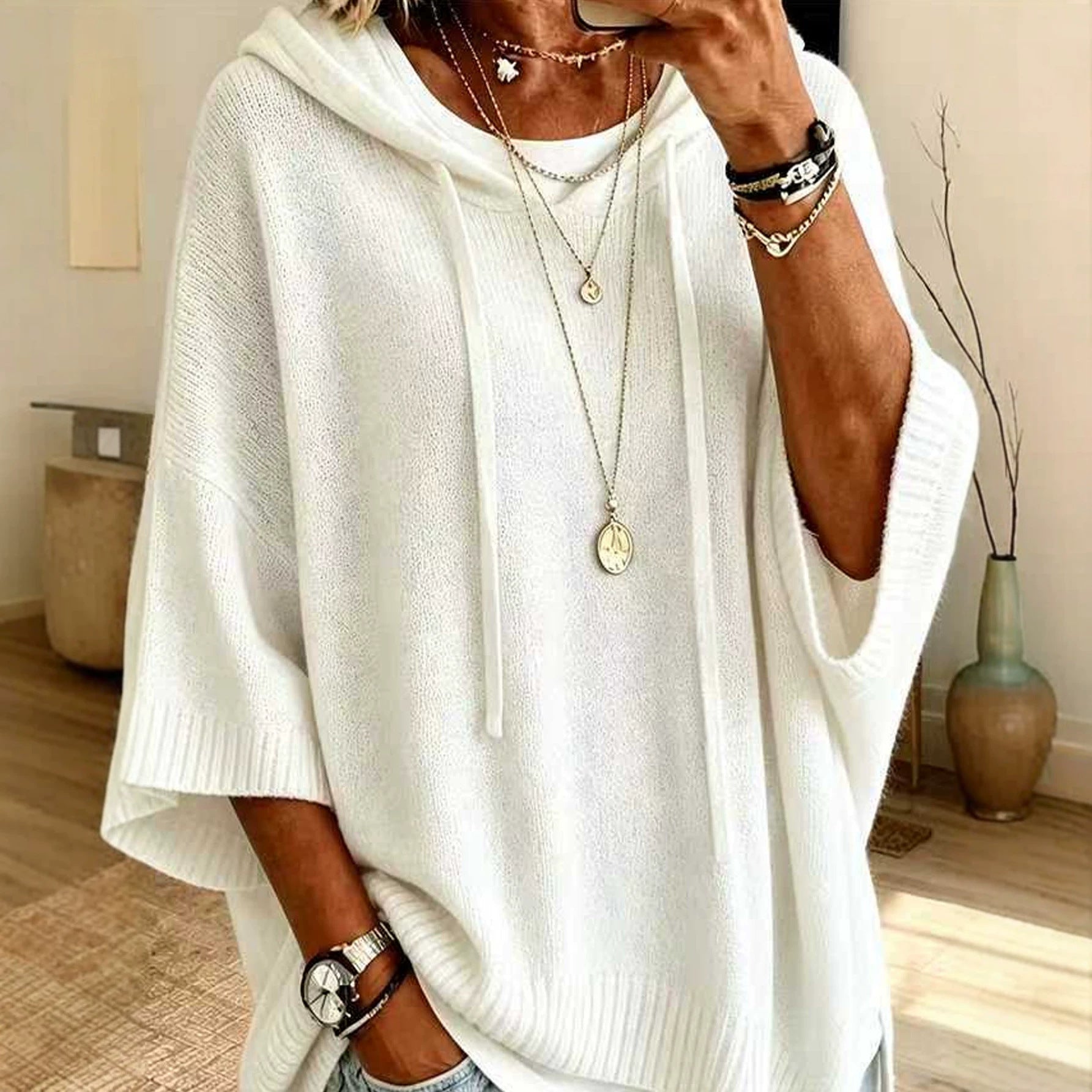 Women's Autumn/Winter New Style Casual Solid Color Hooded Knit Sweater Set