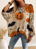 Spring Summer Autumn Winter One-Shoulder Diamond Cut-Out Bat Pumpkin Print Long Sleeve Women's Casual T-Shirt
