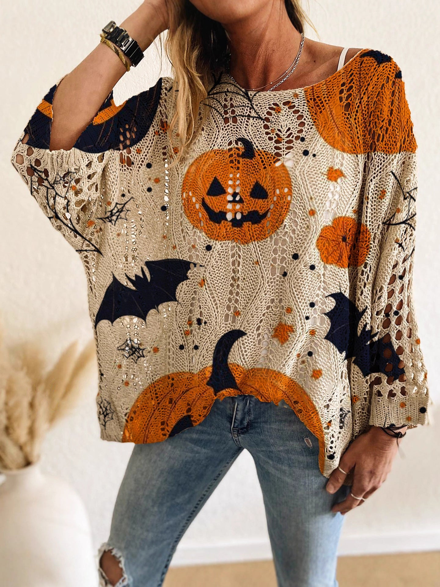 Spring Summer Autumn Winter One-Shoulder Diamond Cut-Out Bat Pumpkin Print Long Sleeve Women's Casual T-Shirt