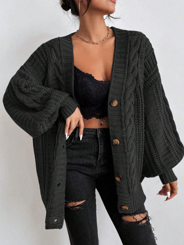 V-neck sweater women retro fashion loose cable knit lantern sleeve cardigan knit jacket