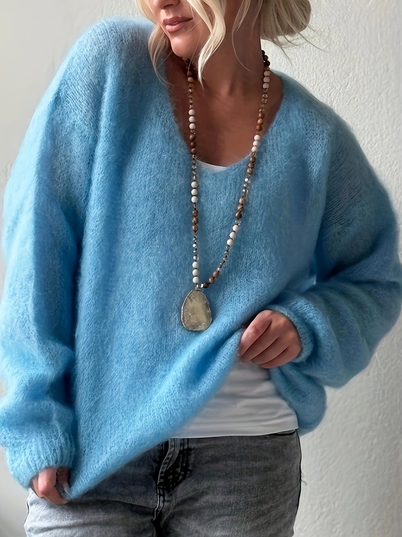V-neck sweater for women, fashion elegant regular knitwear, solid color sweater