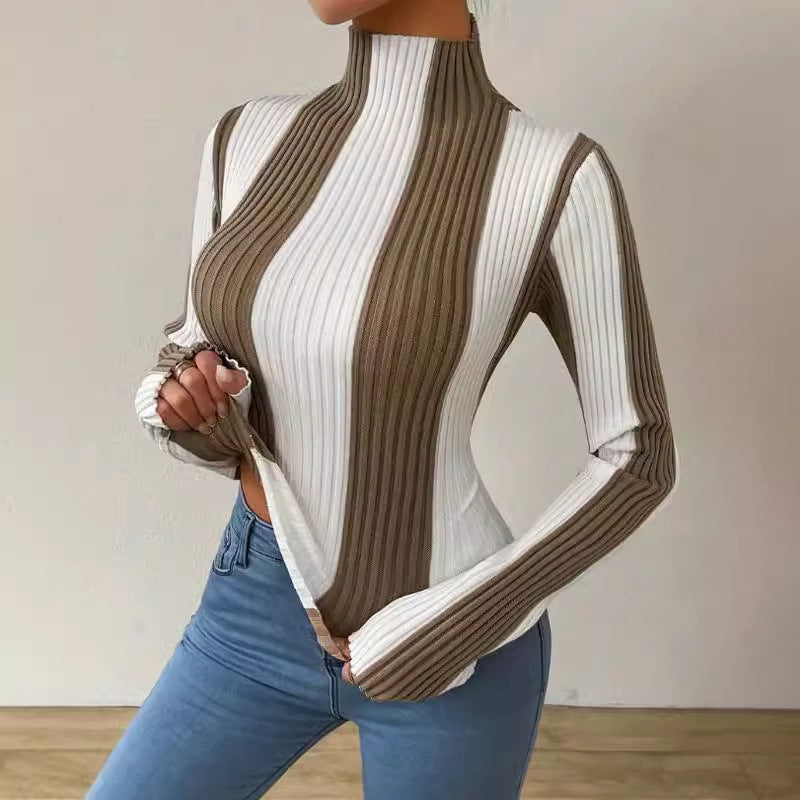 Women's Autumn/Winter Classic Black and White Contrast Vertical Stripe Knit Top, Slim Fit, Body-hugging Inner Layer Shirt