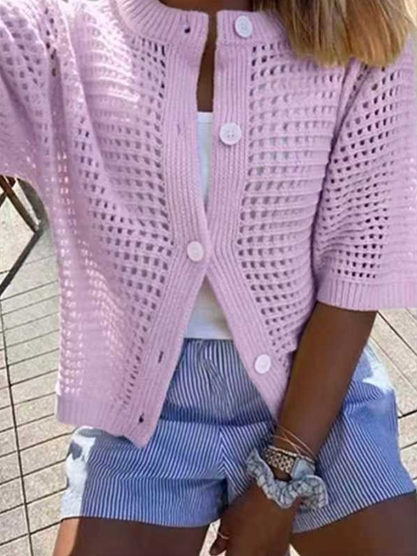 Women's Knit Short Sleeve Open Front Cardigan Top with Round Neck and Hollow Design Solid Color Sweater