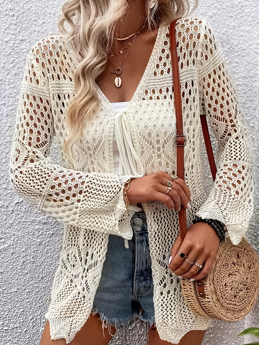 Autumn/Winter New Beach Knit Sweater Style Sexy Solid Color Knit Cardigan, Beach Cover-Up Open Front Sweater