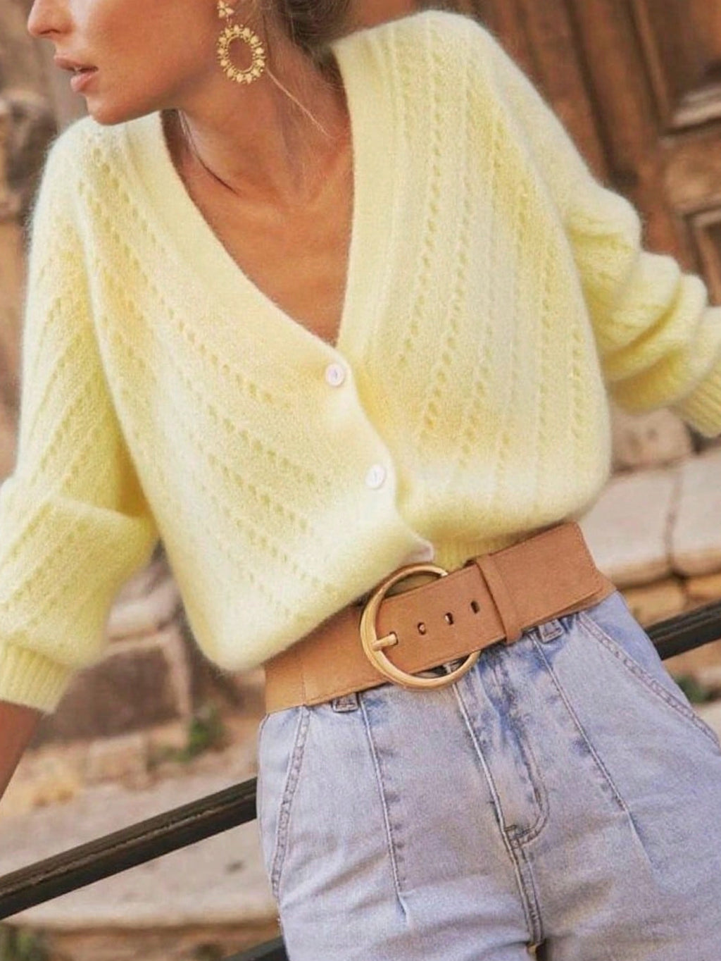 Soft Cream Yellow V-Neck Knit Cardigan for Women, Spring and Autumn Loose Bubble Sleeve Soft Sweater Coat