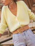 Soft Cream Yellow V-Neck Knit Cardigan for Women, Spring and Autumn Loose Bubble Sleeve Soft Sweater Coat