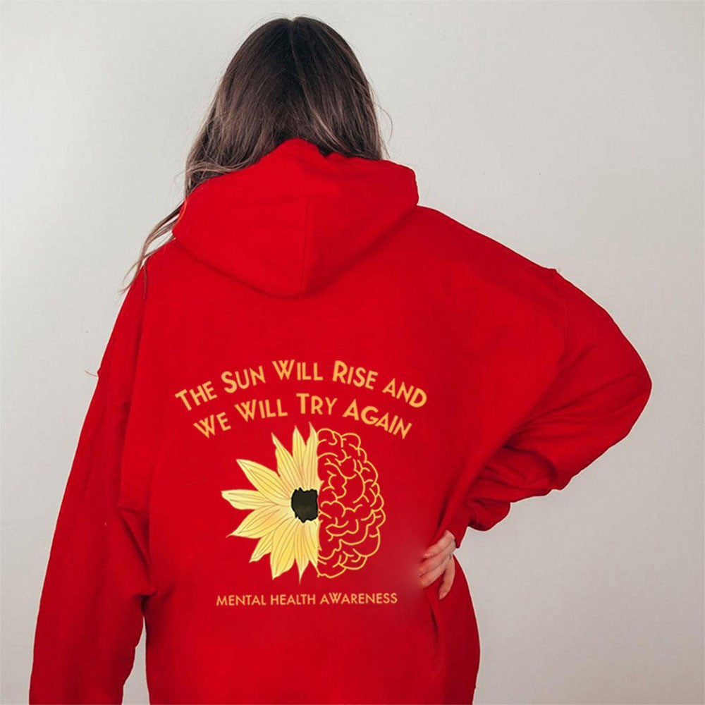 Hoodie with Sunflower Print, Oversized Sleeve, Casual Hooded Sweatshirt