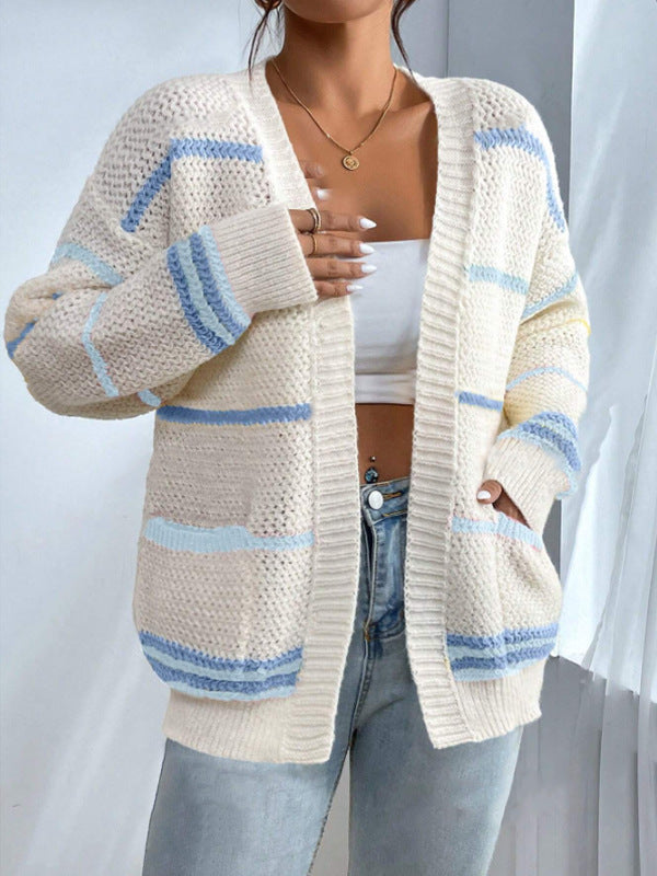Clothing  Autumn/Winter Rainbow Stripe Knit Cardigan Women's Sweater Fashion Loose Casual Versatile Knit Outerwear