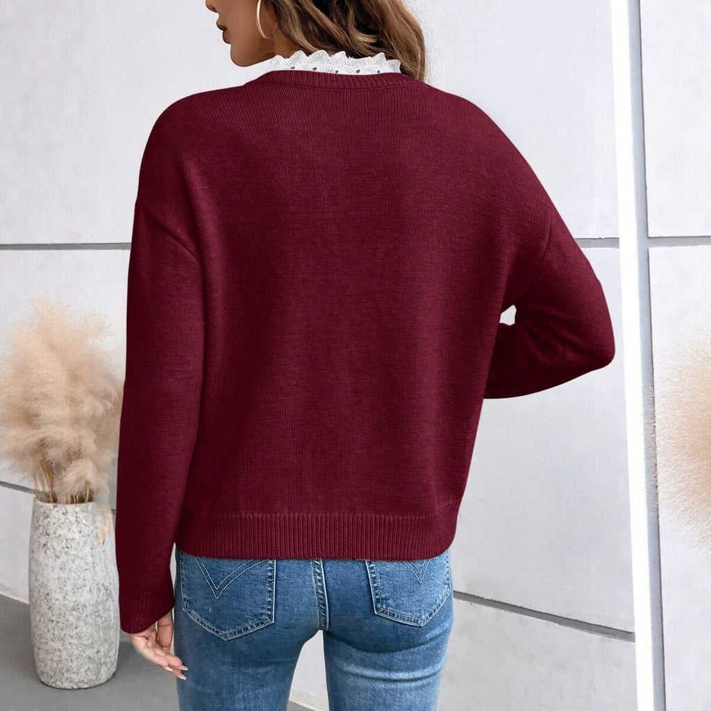 V-neck Lace Trim Sweater for Women, Loose Solid Color Long Sleeve Knit Pullover