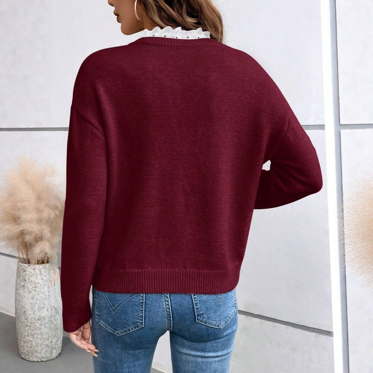 V-neck Lace Trim Sweater for Women, Loose Solid Color Long Sleeve Knit Pullover