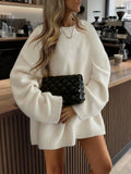 Pure color dropped shoulder long sleeve knit top simple basic loose oversized milk white round neck sweater