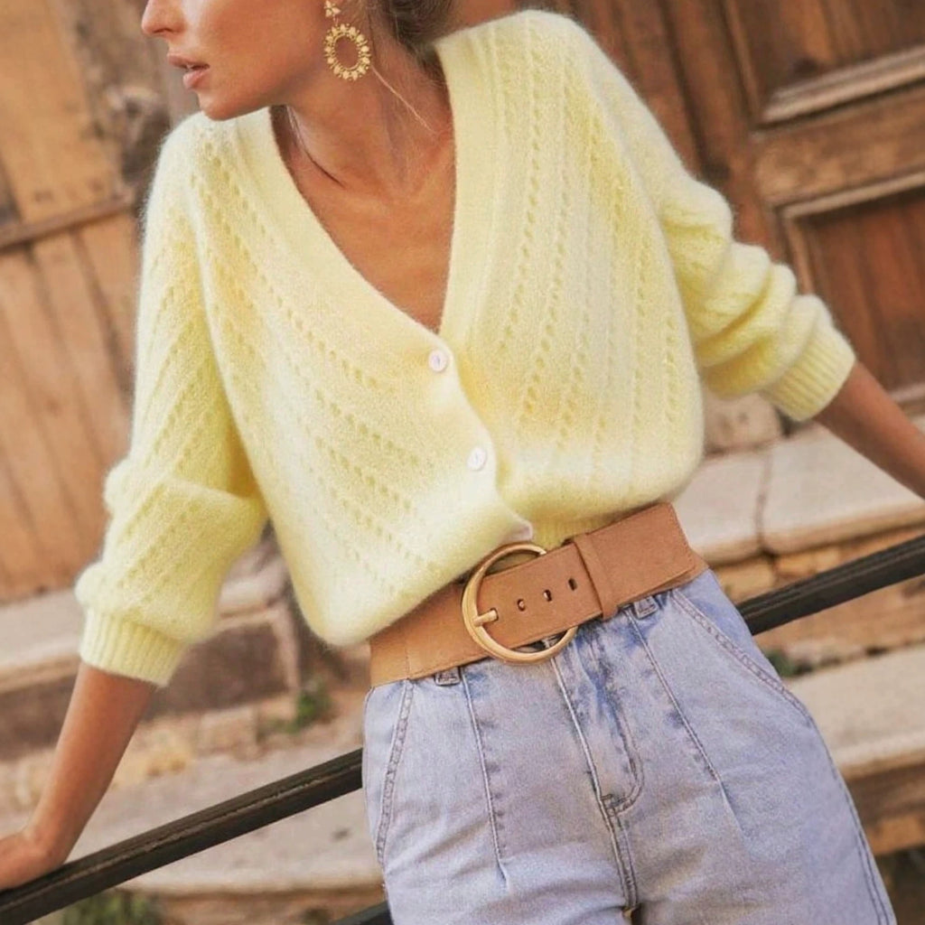 Soft Cream Yellow V-Neck Knit Cardigan for Women, Spring and Autumn Loose Bubble Sleeve Soft Sweater Coat