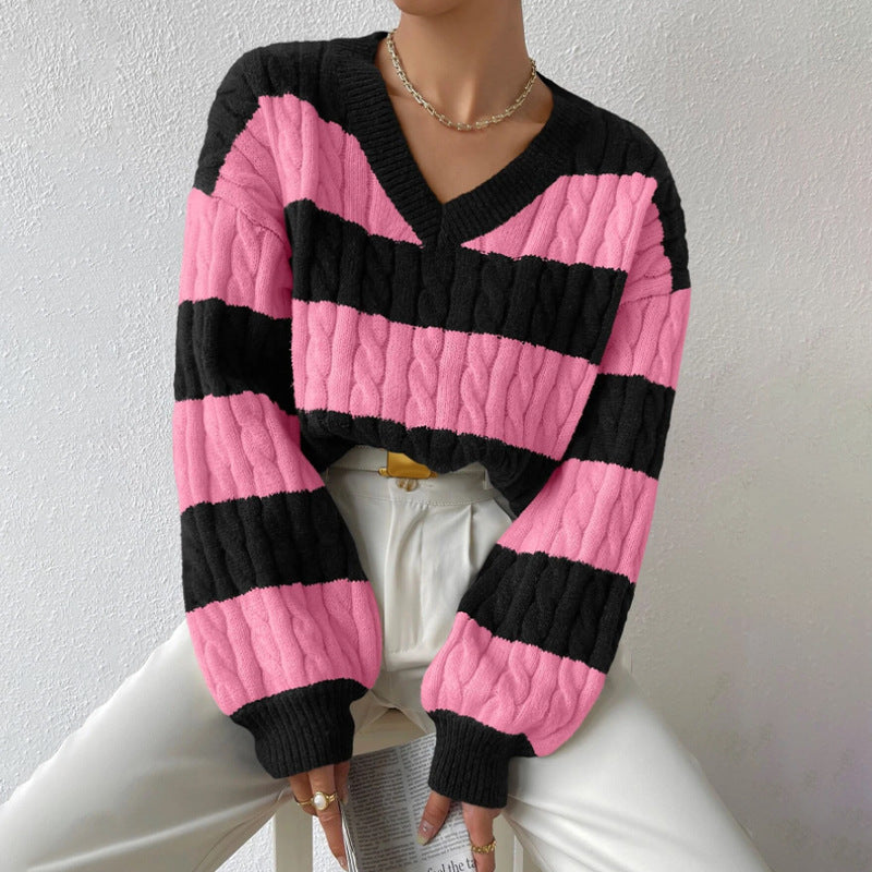 Autumn Winter Knitwear Fashion Vintage Striped Color-block Sweater Loose Casual Versatile Top