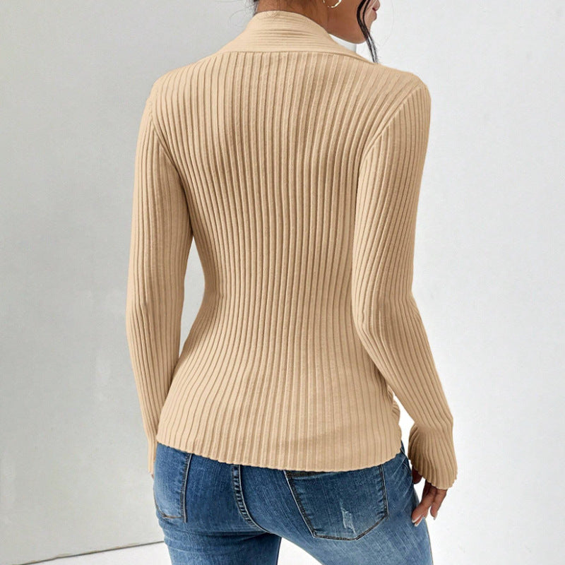Women's knit sweater, fashion elegant, ribbed hem with slit, long sleeve, solid color, slim fit pullover