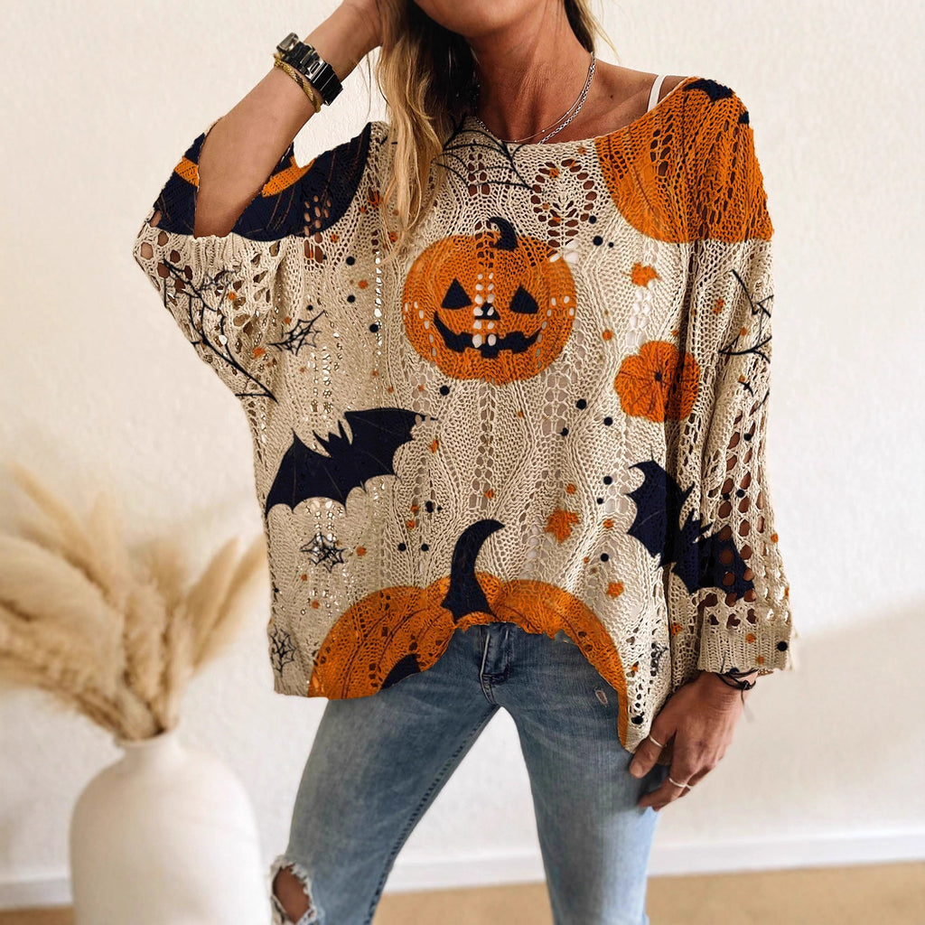 Spring Summer Autumn Winter One-Shoulder Diamond Cut-Out Bat Pumpkin Print Long Sleeve Women's Casual T-Shirt