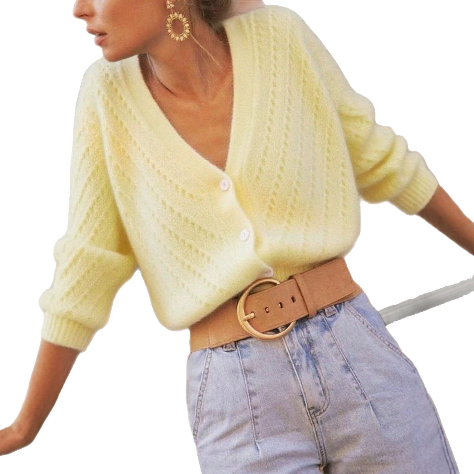 Soft Cream Yellow V-Neck Knit Cardigan for Women, Spring and Autumn Loose Bubble Sleeve Soft Sweater Coat