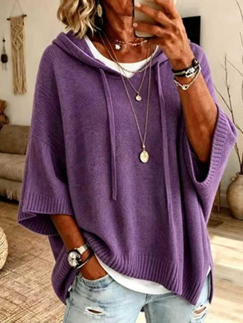 Women's Autumn/Winter New Style Casual Solid Color Hooded Knit Sweater Set