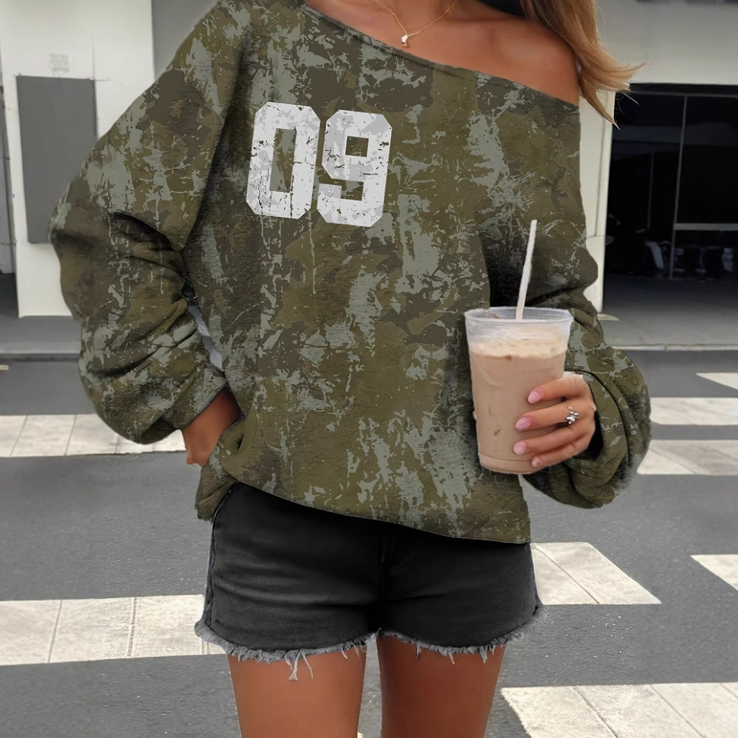 Women's camouflage round neck top camouflage printed round neck sweatshirt pullover sweatshirt long sleeved casual women's clothing