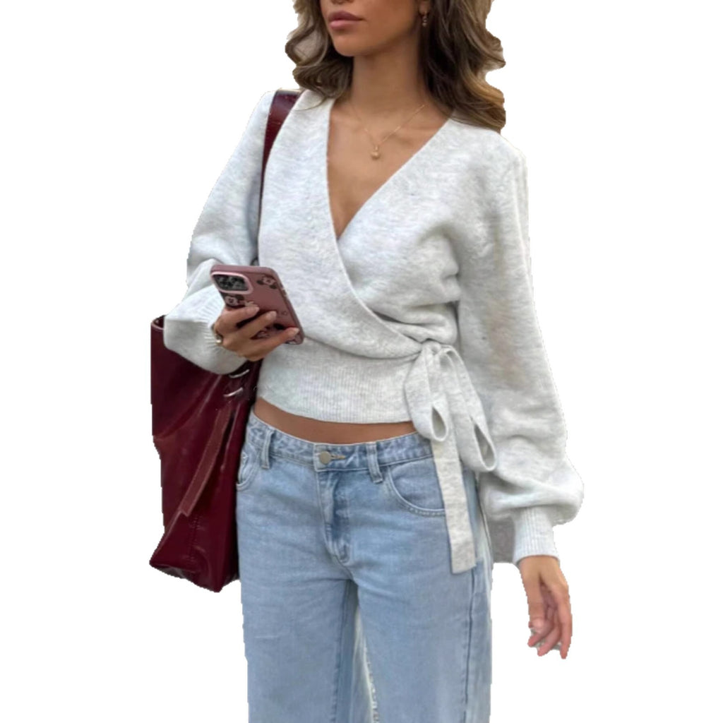 V-neck Knit Top Autumn Winter Irregular Tie Elegant Crop Top for Women