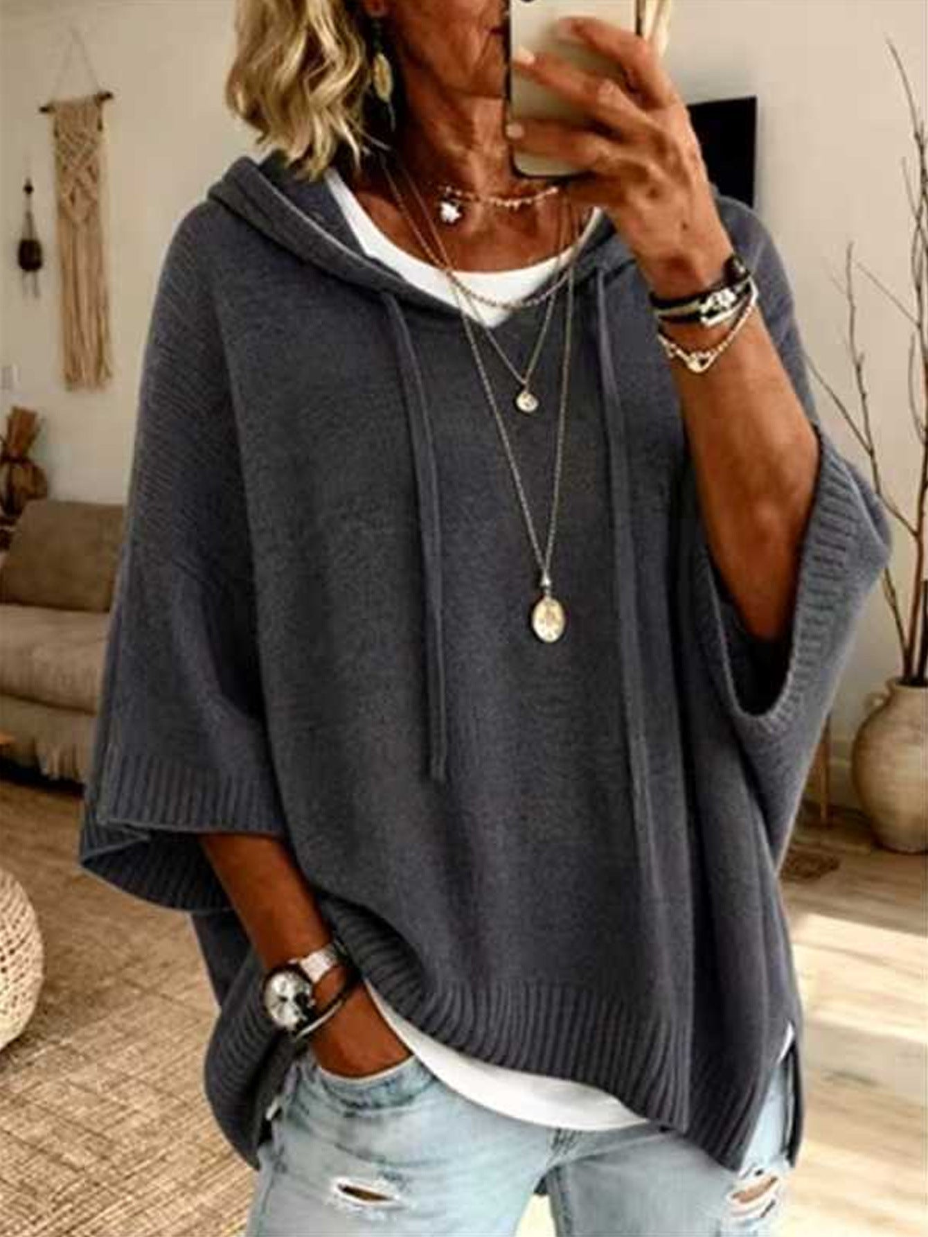 Women's Autumn/Winter New Style Casual Solid Color Hooded Knit Sweater Set