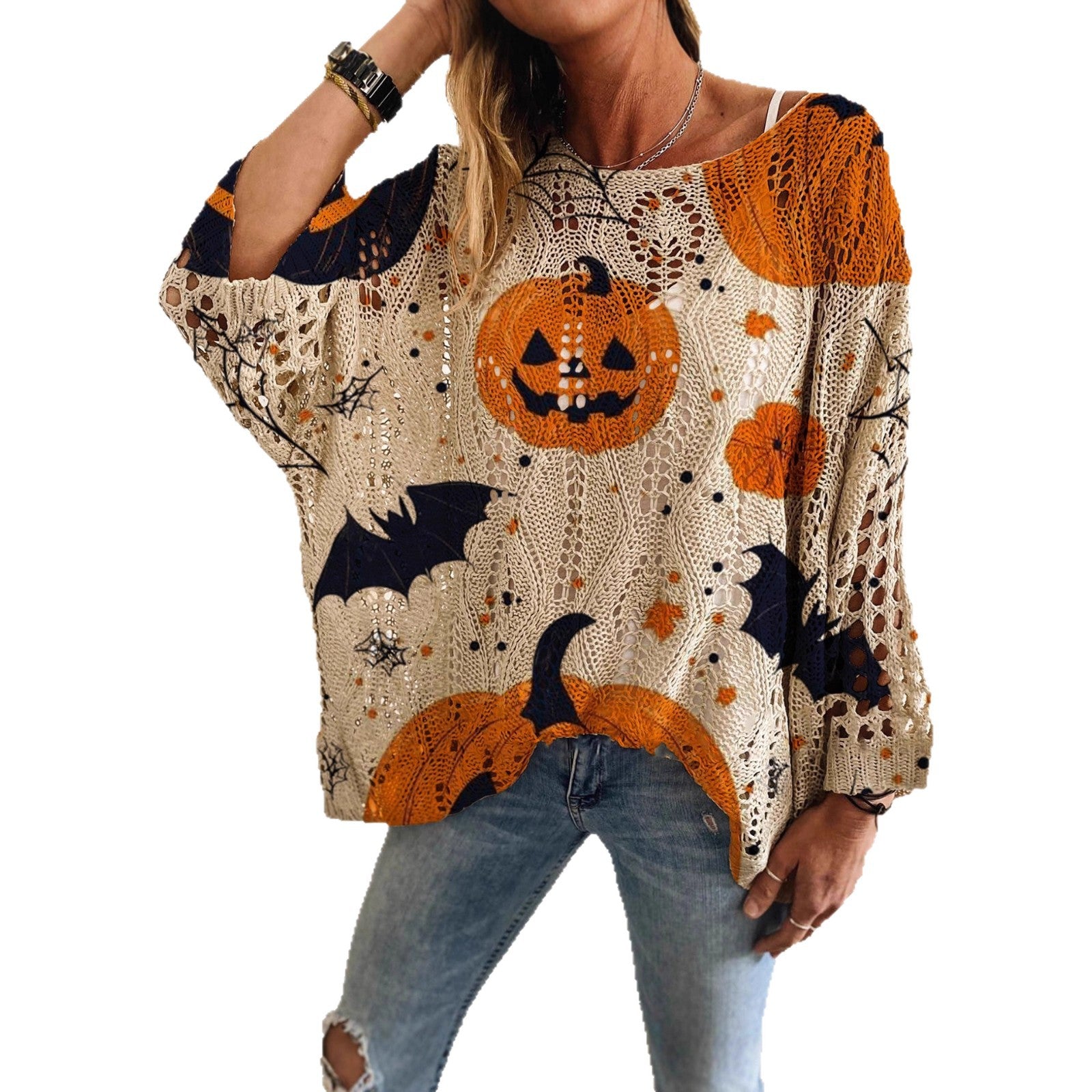 Spring Summer Autumn Winter One-Shoulder Diamond Cut-Out Bat Pumpkin Print Long Sleeve Women's Casual T-Shirt