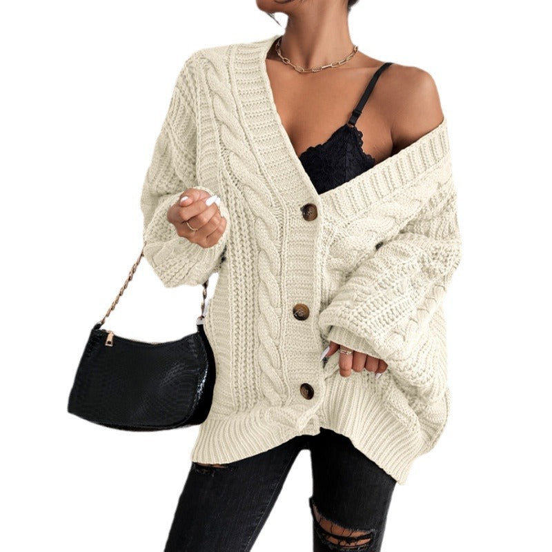 V-neck sweater women retro fashion loose cable knit lantern sleeve cardigan knit jacket