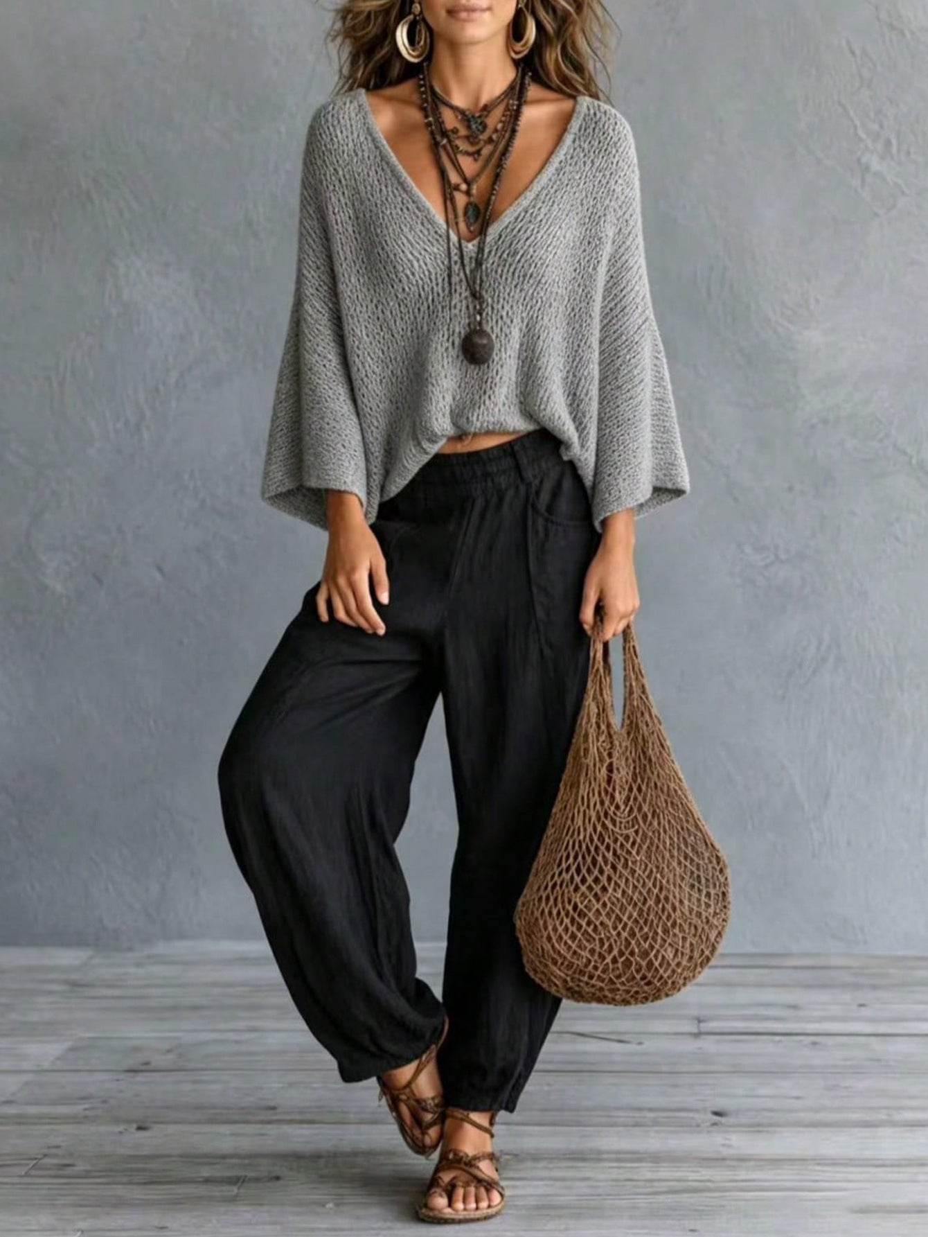Retro Beach Hollow Knit Sweater Deep V Neck Drop Shoulder Batwing Sleeve Loose Slim Fit Solid Color Pullover Top