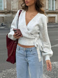 V-neck Knit Top Autumn Winter Irregular Tie Elegant Crop Top for Women