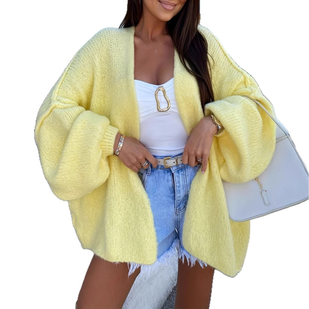 Autumn/Winter New Lantern Sleeve Knit Cardigan for Women  Lazy Fashion Bark Texture Knit Sweater, Loose Outerwear