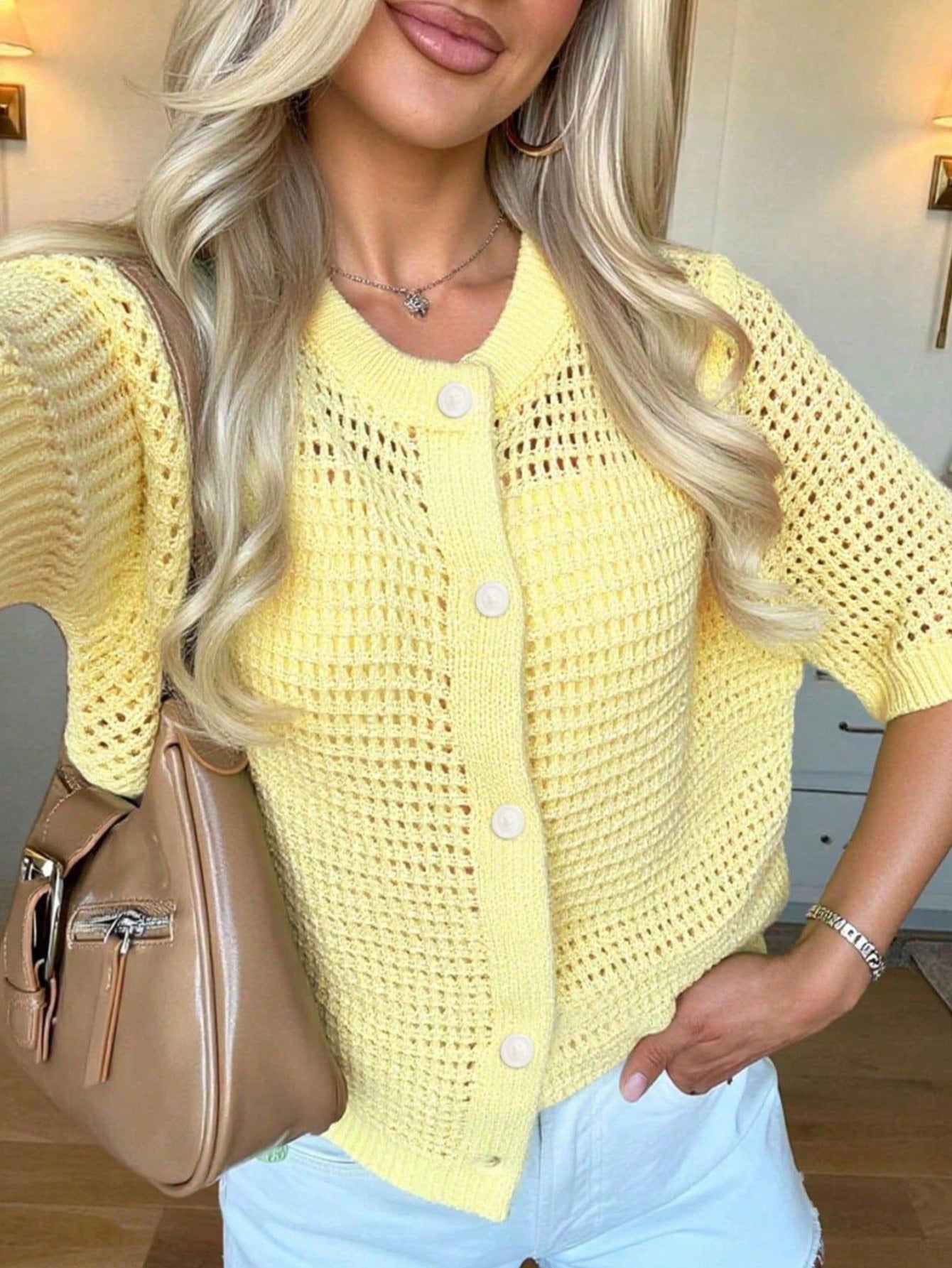 Women's Knit Short Sleeve Open Front Cardigan Top with Round Neck and Hollow Design Solid Color Sweater