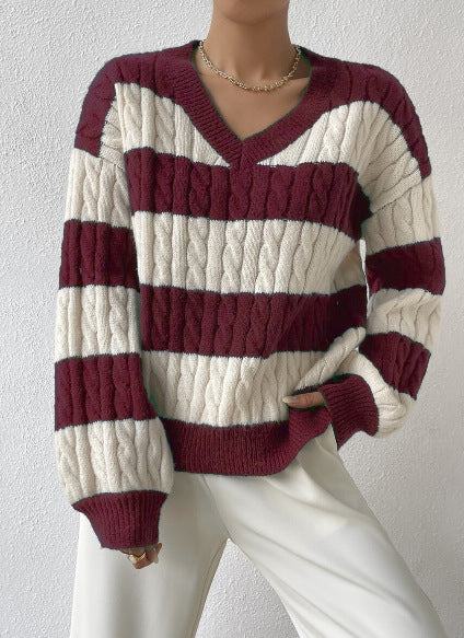 Autumn Winter Knitwear Fashion Vintage Striped Color-block Sweater Loose Casual Versatile Top