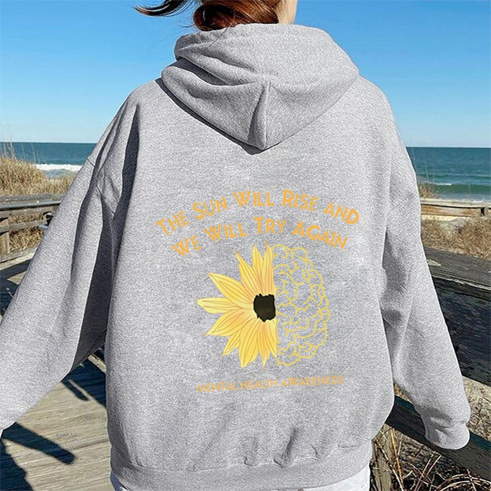 Hoodie with Sunflower Print, Oversized Sleeve, Casual Hooded Sweatshirt