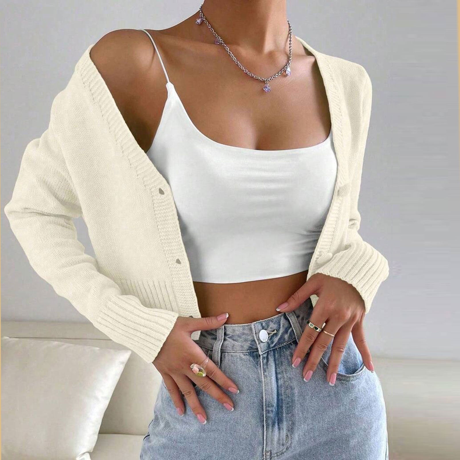 V-neck Knitted Cardigan Women Solid Color Slim Fit Short Length Long Sleeve Sweater Coat Spring Autumn Versatile