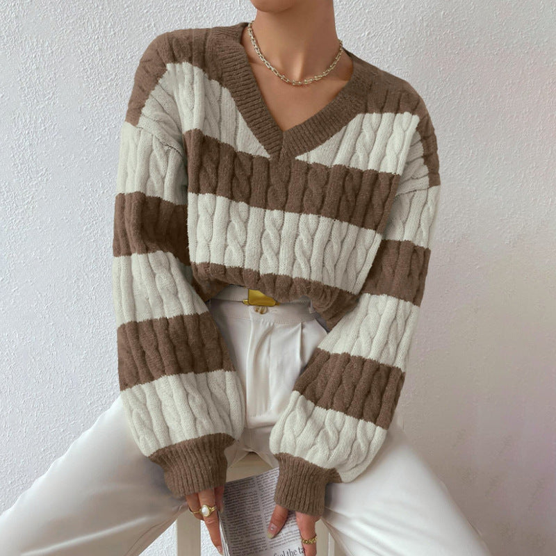 Autumn Winter Knitwear Fashion Vintage Striped Color-block Sweater Loose Casual Versatile Top