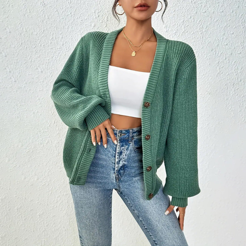 Women's Knit Cardigan V-Neck Open Front Solid Color Sweater Casual Versatile Knitted Jacket