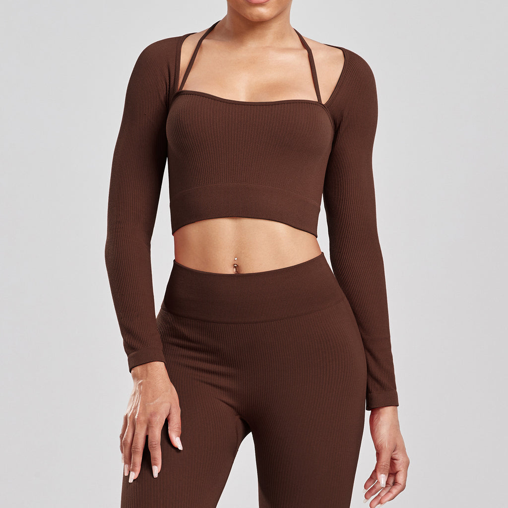 Sports Running Seamless Ribbed Long Sleeve Yoga Fitness Set, Bodycon High-Waisted Backless T-Shirt, Quick-Dry Workout Apparel