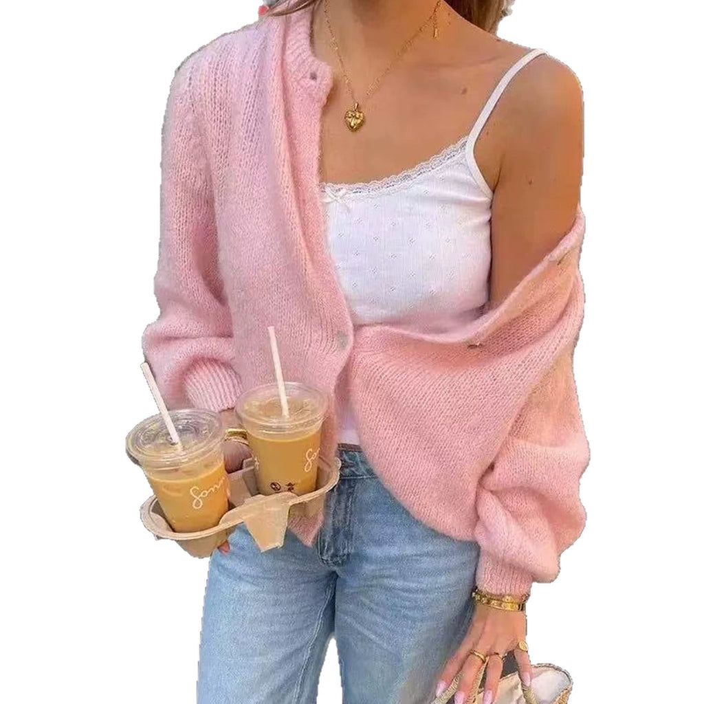 Soft Knit Cardigan for Women, Autumn/Winter, Cozy Woolen Crewneck, Loose Lazy Style, Solid Color, Short Sweater Coat